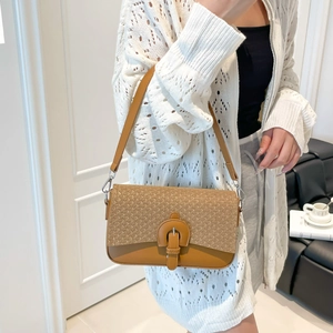 Retro brown leather and woven shoulder bag for women with buckle detail and square shape