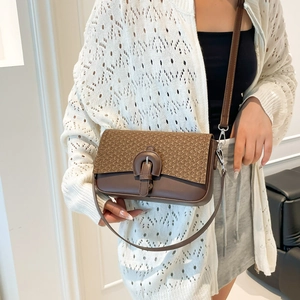 Retro brown contrast patchwork underarm bag with woven flap and adjustable leather strap