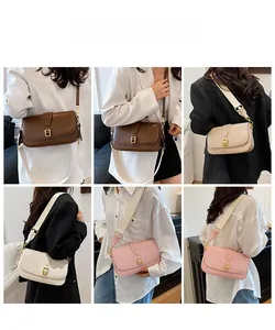 Collage of wide strap crossbody bags in multiple colors shown on a fashion model