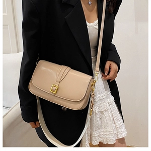 Beige crossbody box bag with gold buckle showing leather strap and wide fabric strap details