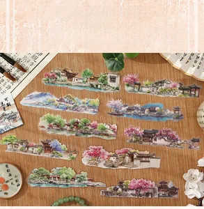 Detail of PET waterproof stickers with watercolor Chinese traditional landscape scenery