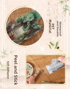 Detailed close-up of waterproof PET Chinese landscape stickers showing adhesive backing