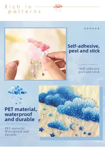 Close-up of waterproof PET cloud stickers showing easy-peel adhesive and water droplets