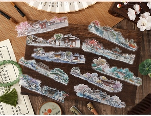 Detailed PET stickers featuring Chinese traditional garden landscapes and pavilions