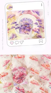 Macro detail of 200pcs cloud sticker pack with dreamy pink and purple floral designs