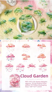 Detail showing Cloud Garden PET waterproof stickers with floral patterns and soft colors