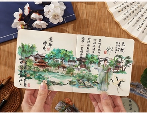 Detail of waterproof PET stickers with Chinese landscape and calligraphy on a journal