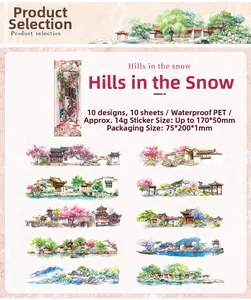 Detail list of waterproof PET stickers with traditional Chinese landscape ink paintings