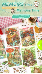 Detailed close-up of handmade miniature scenery stickers with colorful cartoon house designs