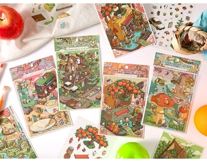 Detail of 3D stickers featuring cozy shop illustrations like Panda Tea House and Mushroom Street