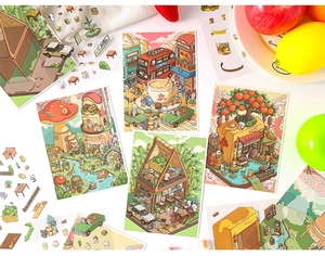 Close-up of 3D creative cartoon stickers with detailed miniature landscape illustrations
