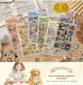 Close-up of waterproof hand-drawn PET journal stickers in vintage lifestyle packaging