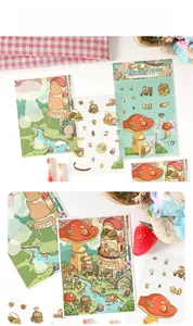 Detail of 3pcs mushroom themed 3D scrapbook stickers with decorative forest background cards