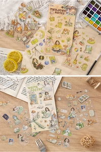 Detailed view of watercolor PET stickers for DIY scrapbooking in various themes