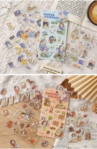 Detail of cartoon hand-drawn diary stickers with cozy winter and holiday themes
