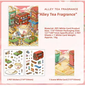 Detail of 3D cartoon stickers set featuring PET material and scenic background card