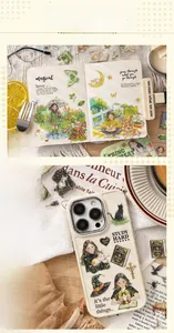 Detail of waterproof PET stickers featuring healing girl and cat illustrations on a phone case