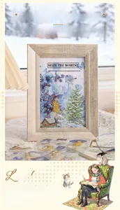 Detail of waterproof PET character stickers for journaling inside a vintage wood frame