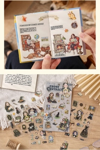 Macro detail of retro cartoon stickers featuring vintage characters and floral elements