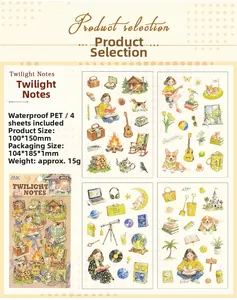 Waterproof PET decorative stickers 4 sheets set 100x150mm with hand-drawn illustrations
