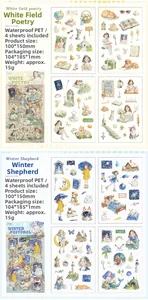 Detail view of 4-sheet PET waterproof sticker sets with floral and character illustrations