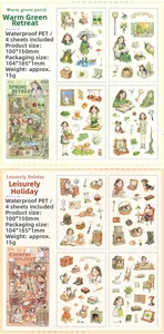 Detail showing four waterproof PET cartoon stickers for scrapbooking and DIY decor