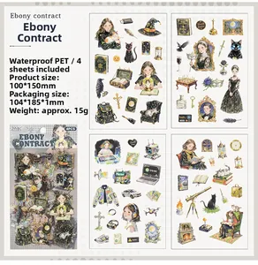 Macro view of Ebony Contract gothic PET stickers with character and black cat illustrations