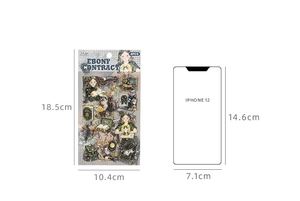 Size comparison of retro fantasy sticker pack next to an iPhone 12 model for scale