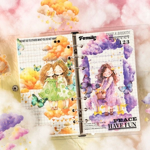 Dreamy watercolor PET cloud stickers set featuring girls, butterflies and family themes
