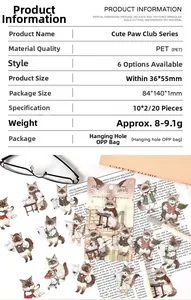 Detailed specs for Cute Paw Club PET stickers showing size and cartoon cat designs