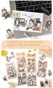 Detailed view of cat-themed waterproof planner stickers showing office and sport styles