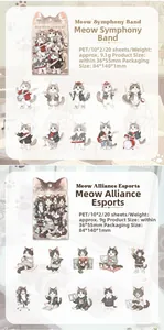 Detail of cute cat PET stickers showing musical and gaming themes for DIY journals