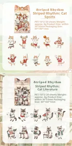 Macro detail of waterproof PET cat stickers showing 20pcs sports and literature themes