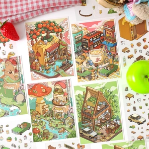 3D scenic stickers set with colorful illustrated grocery store and forest house patterns