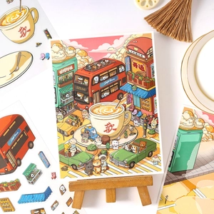 3D city street stickers with cute cats and double-decker bus on a mini wooden easel