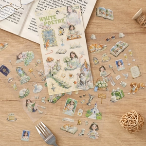 Waterproof watercolor PET stickers set of 4 featuring cute characters and floral designs