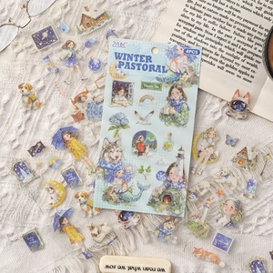 Winter Pastoral themed waterproof PET stickers set featuring girl and animal illustrations