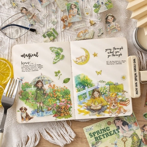 ZABC Spring Retreat waterproof PET stickers for journaling with cute pet and character motifs
