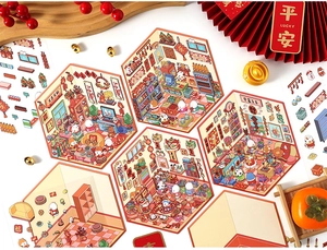 Stickers 3D du Nouvel An chinois avec scènes miniatures et personnages festifs