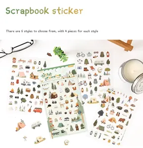 Detailansicht der Wild Camping Aufkleber mit Zelt- und Lagerfeuermustern für DIY-Scrapbooks
