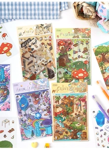 Close-up of 3D miniature cottage oasis stickers for DIY scrapbooking and planners