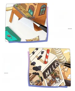 Detail of 3D miniature cottage sticker assembly using tweezers with cat milk box theme