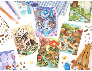 Macro detail of creative 3D Oasis Journey stickers with cartoon milk box and forest mushroom art