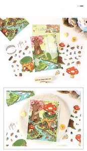 Macro shot of forest mushroom theme 3D stickers with decorative background card set