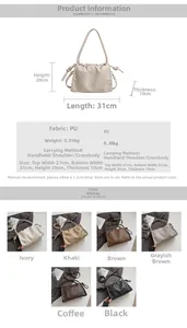 Detailed chart showing handbag dimensions, PU leather material, and six available colors
