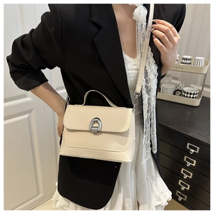 Detail of cream woven texture handbag with silver horseshoe metallic buckle closure