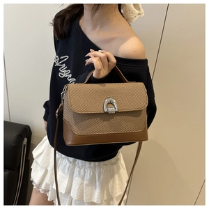 Detail of woven and brown leather shoulder bag with silver horseshoe metal clasp