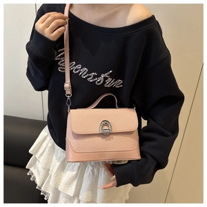 Detail of light pink mini handbag featuring textured stitching and silver horseshoe lock
