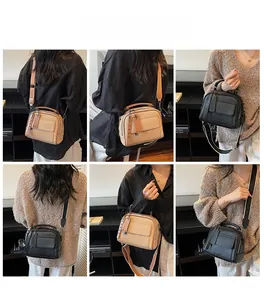 Detailed views of beige and black leather crossbody bags shown from multiple angles