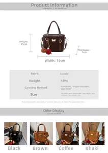 Size chart showing suede bucket bag dimensions with hand-carried and crossbody options